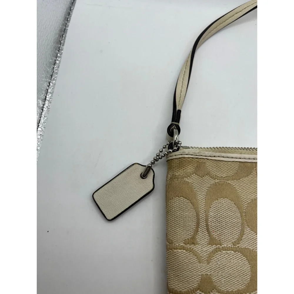 Coach Signature Canvas‎ Wristlet Pouch Beige Tan Leather Trim Charm